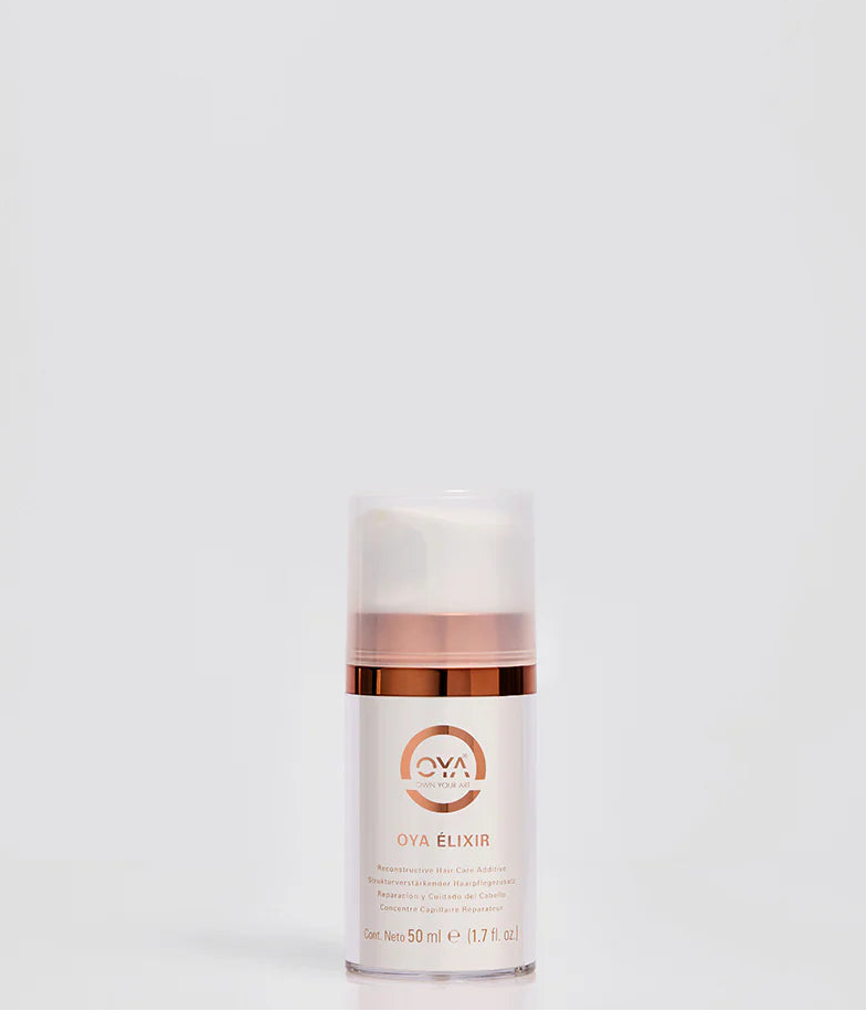 Haircare bottle labeled 'OYA Elixir' 50ml on a white background
