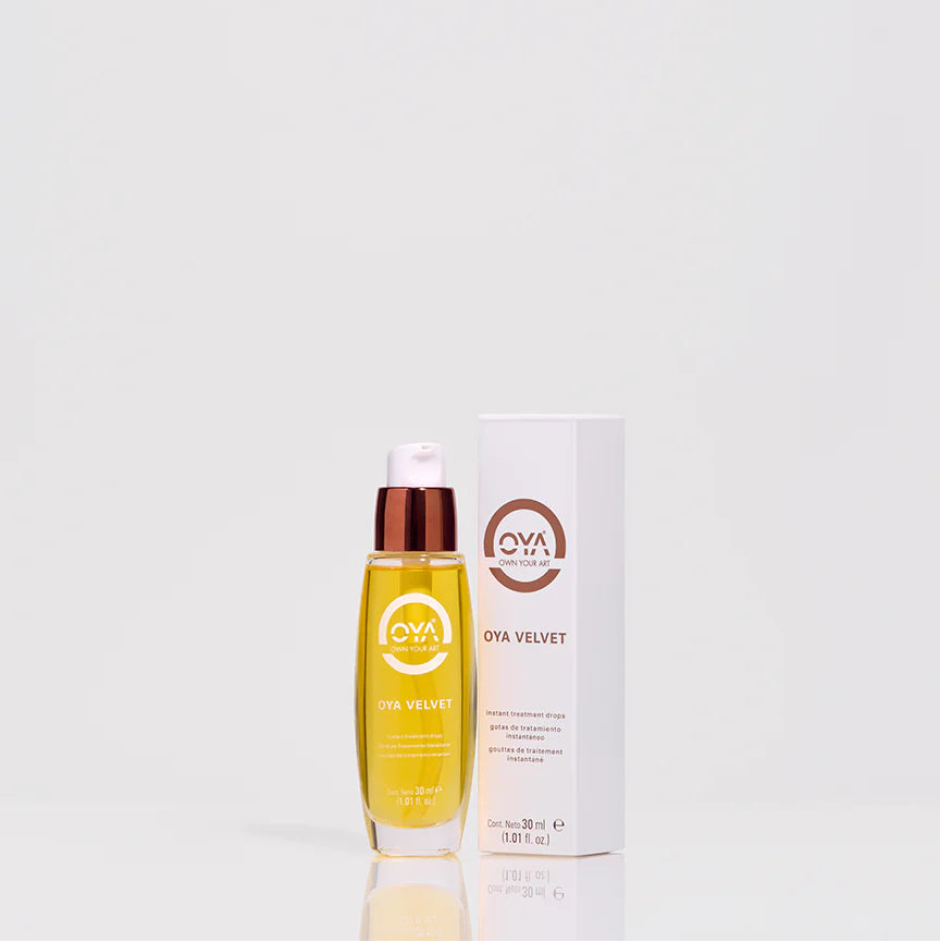 OYA Velvet hair product with bottle and packaging on a white background