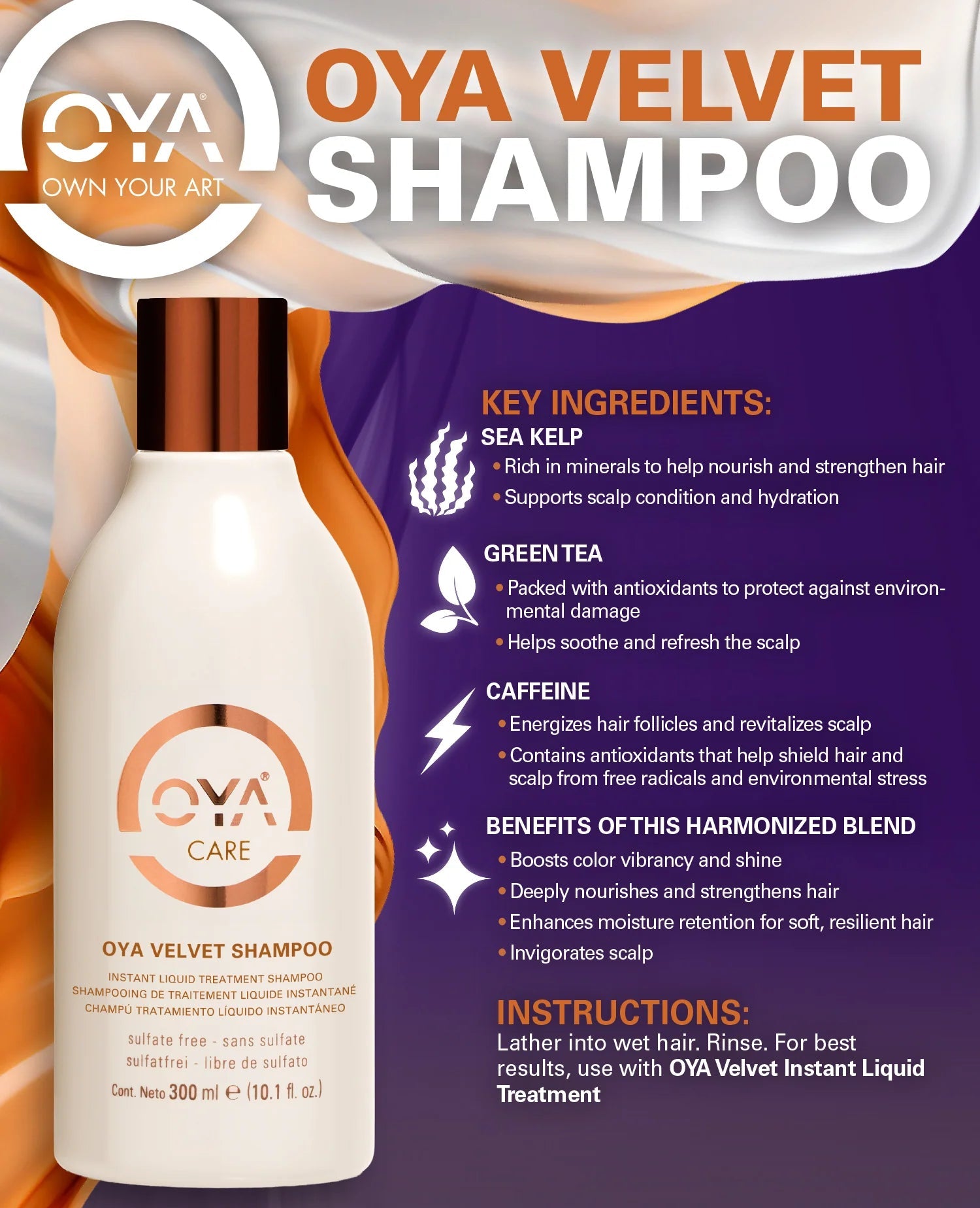 OYA Velvet Shampoo bottle with product details on a colorful background